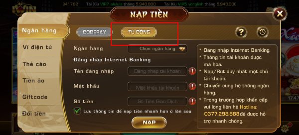 Hình thức nạp tiền tự động thông qua Ngân hàng