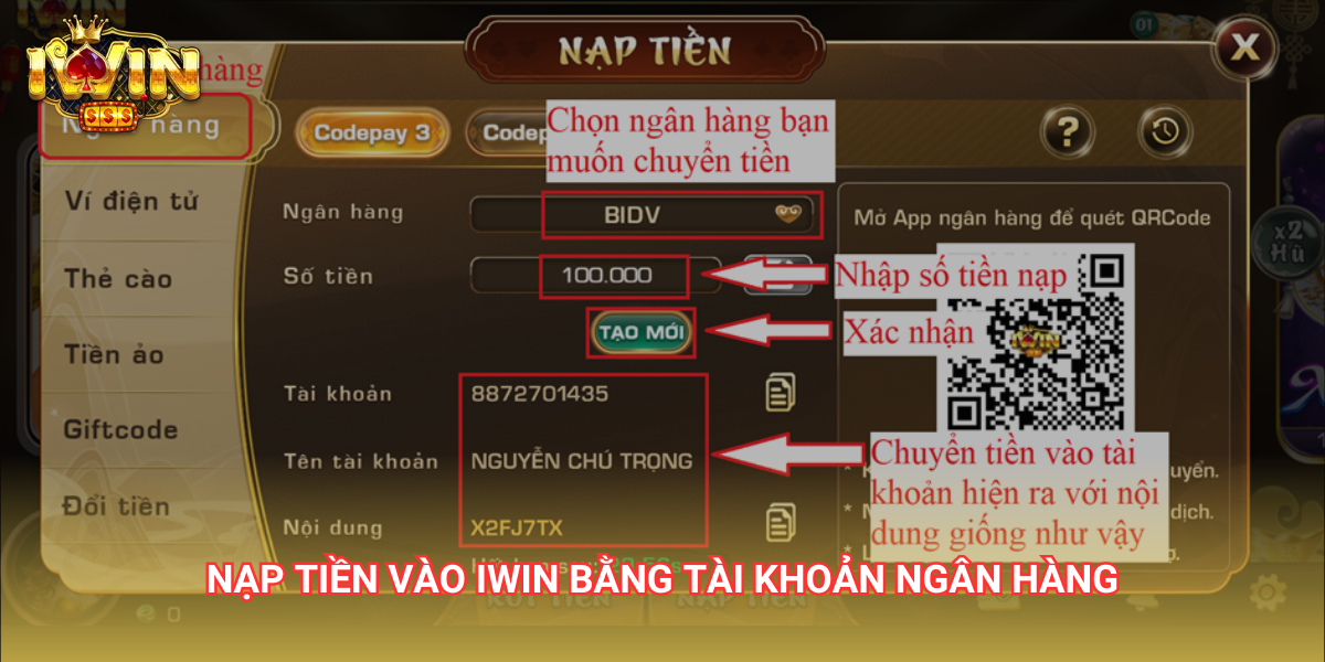 Nạp tiền IWIN bằng chuyển khoản ngân hàng