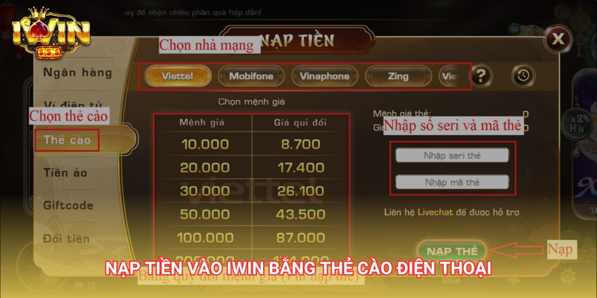 Nạp tiền IWIN bằng thẻ cào điện thoại